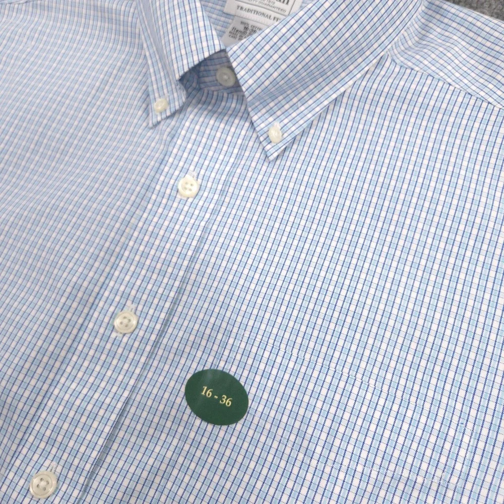 LL Bean Oxford Dress Shirt Mens 16-36 Blue White Tattersail Check Wrinkle-Free